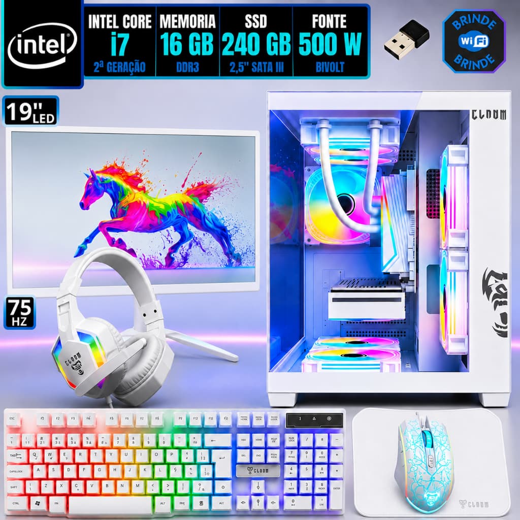 PC Gamer Computador Completo Kit Intel i7 16GB SSD 240GB Monitor 19 Gabinete e Combo Branco Pronto