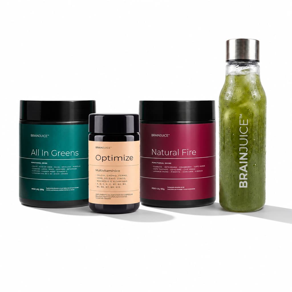 Kit Performance Brainjuice Suplemento All In Greens + Pré Treino Natural Fire + Mutivitamínico Optimize + Garrafa Treino