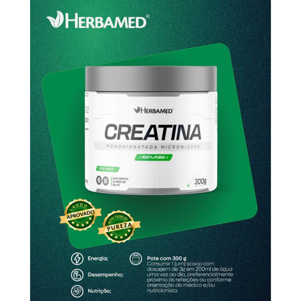 Creatina Monohidratada 100% Pura 300g Pré Treino Força Energia Exercícios Intensos Herbamed