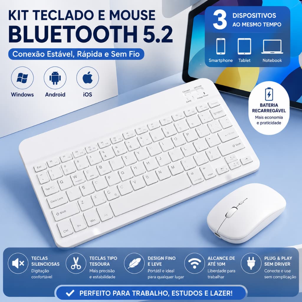 Kit Teclado e Mouse Bluetooth 10", Recarregável, Design Slim Macaron Mouse Sem Fio, Compatível iOS Android Windows