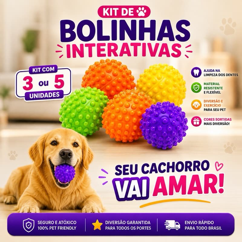 Kit 3 e 5 Bolinhas para Pet Brinquedos Para Cachorro Anti Stress Tedio Mordedor Bola Cravo Brinquedo Interativo