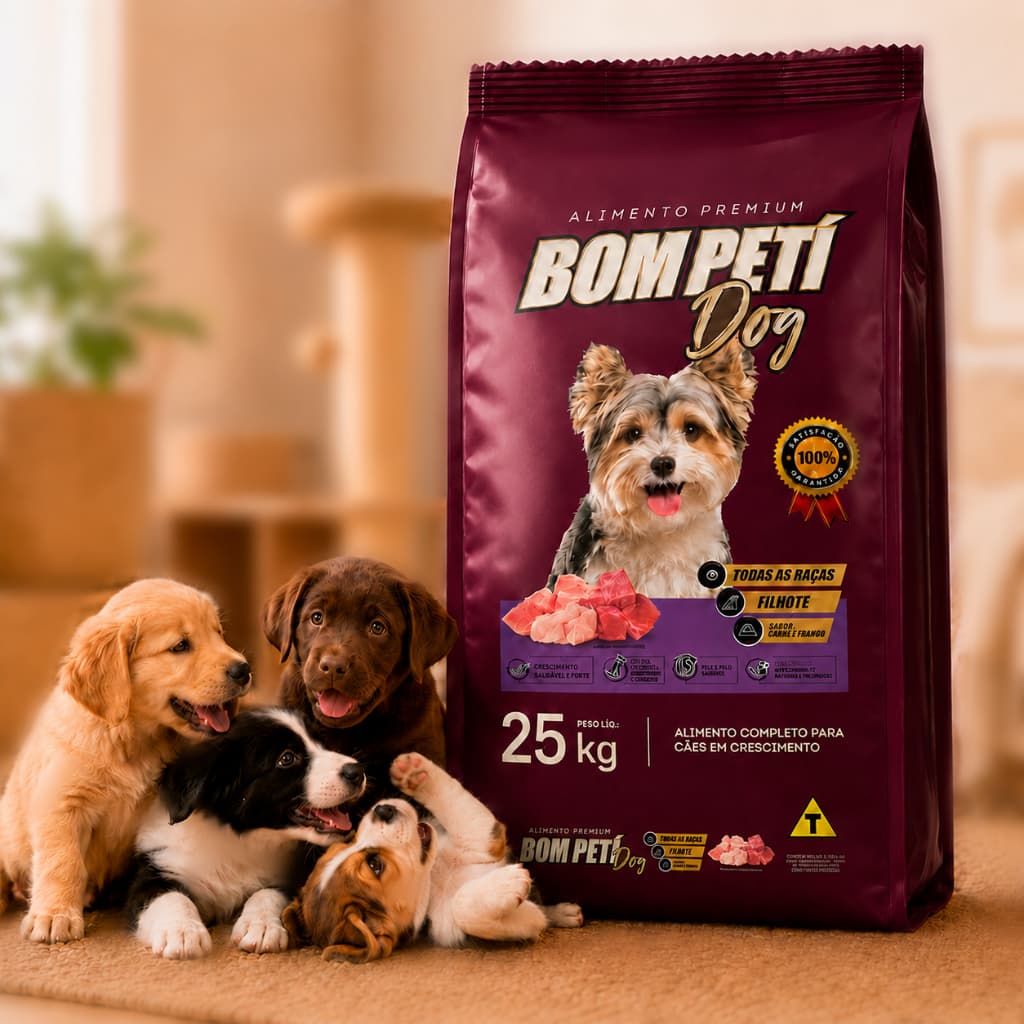 Ração Para Cachorro 25kg Filhote Bom Petí Dog Todas as Raças  Carne e Frango  28% Proteína