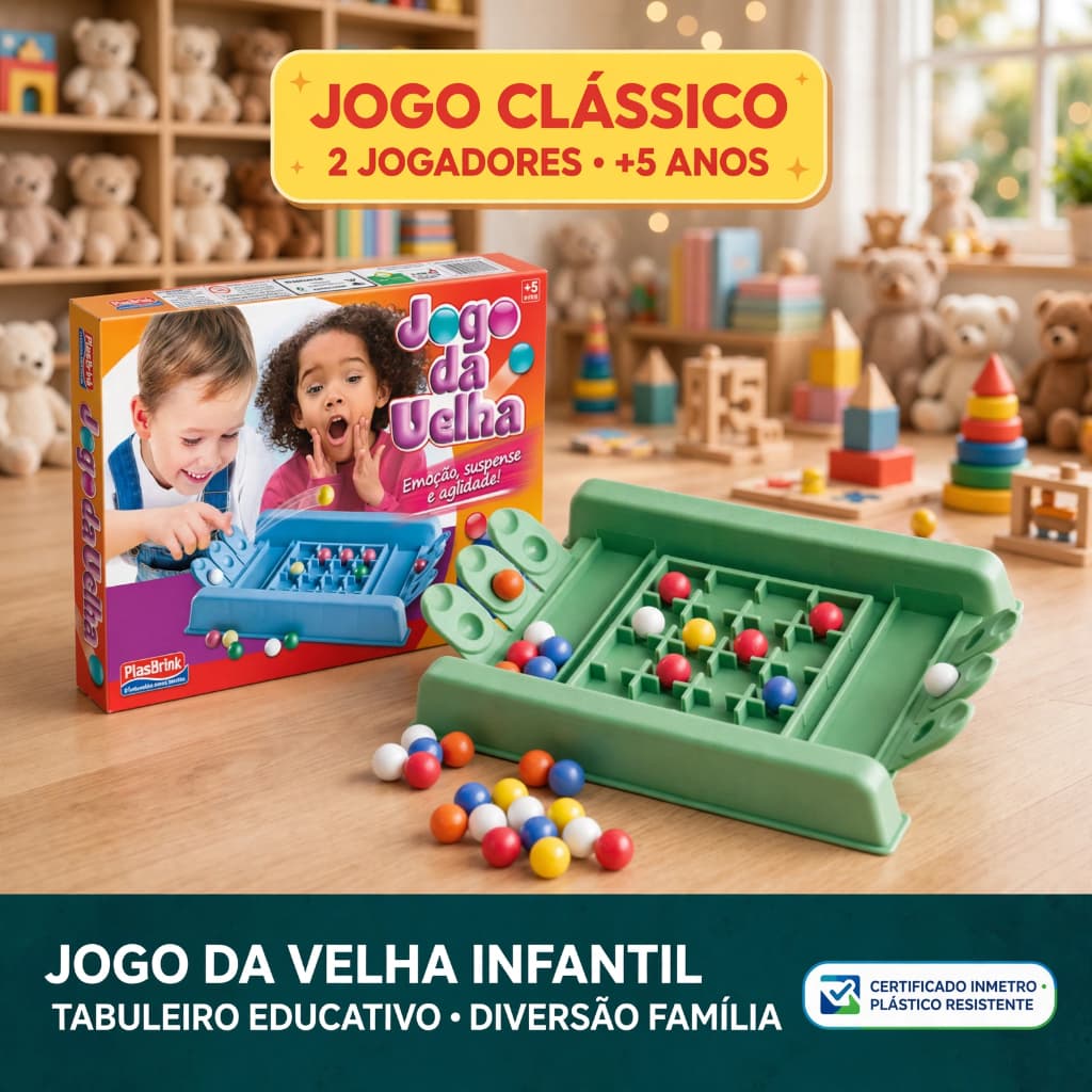 Jogo da Velha Infantil Tabuleiro Educativo Estratégia Família +5 Anos Inmetro Plasbrink
