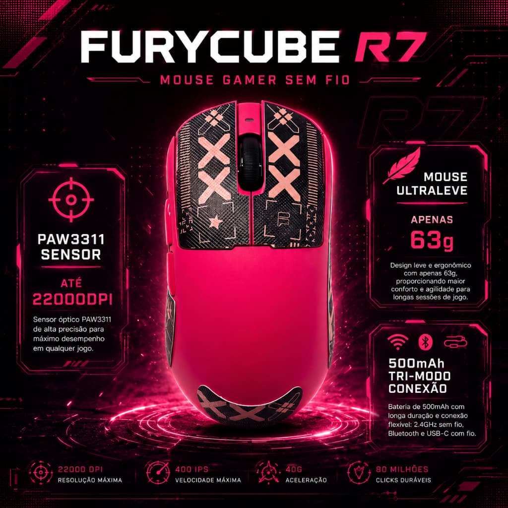 Rosa sem fio Mouse Gamer FURYCUBE R7 Sem Fio BT 2.4g PAW3311 12000DPI Ultra-leve 63g Ergonômico Software  PC Laptop