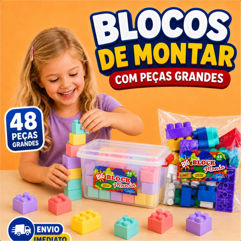 Blocos De Montar Infantil 48 Peças Grandes Coloridas Brinquedo Educativo Monta Monta Lego