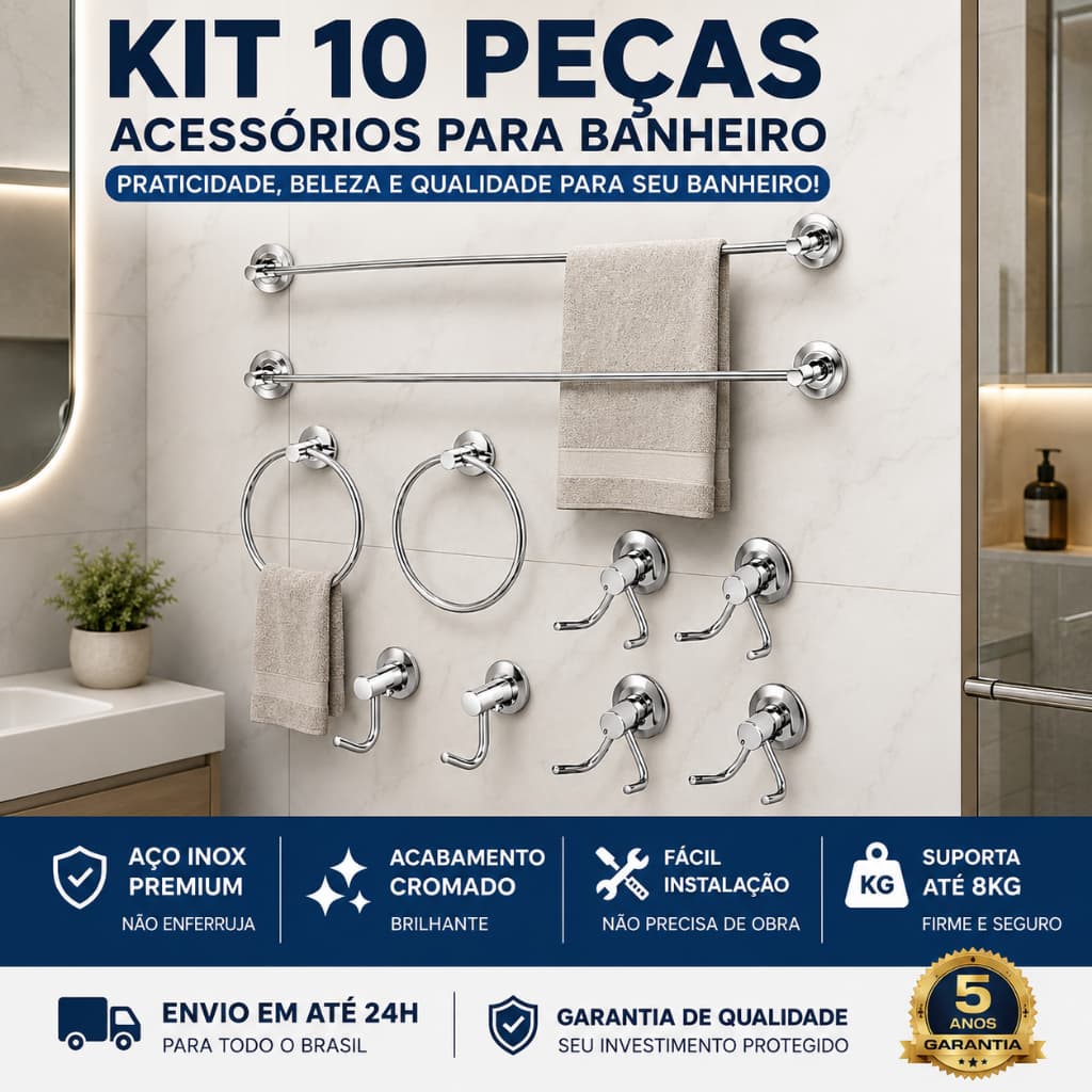 kit acessorios 10 peças para banheiro, lavabo, lavanderia,cabide gancho,porta toalhas banho e rosto