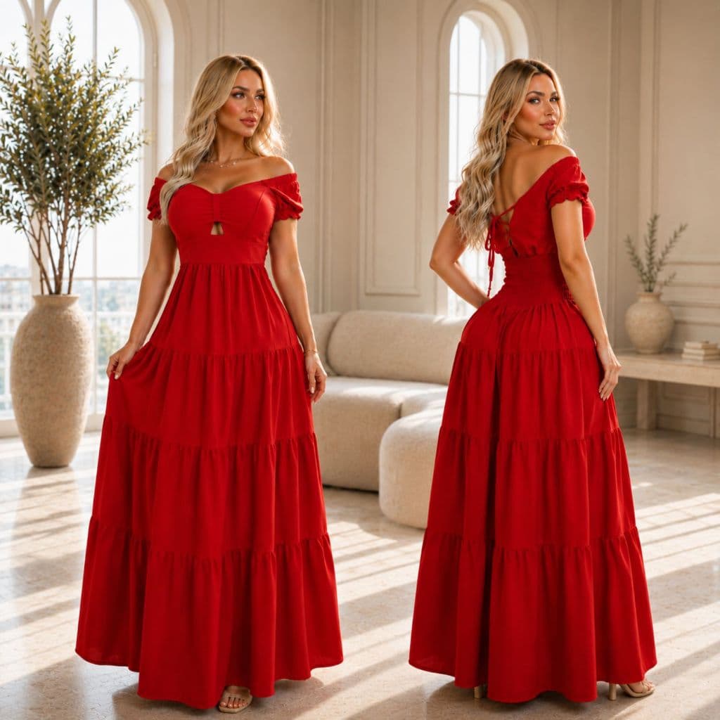 Vestido Longo Feminino com Bojo Manga Princesa Lastex nas Costas e Saia Três Marias Casual Chic