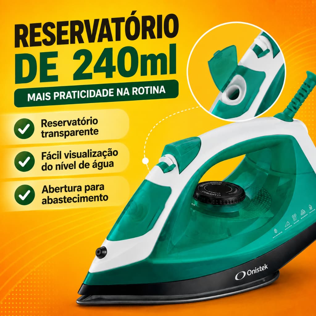 Ferro De Passar Roupa A Vapor Onistek 240ml Base Cerâmica Spray E Autolimpeza Seco E Vapor Ajustável