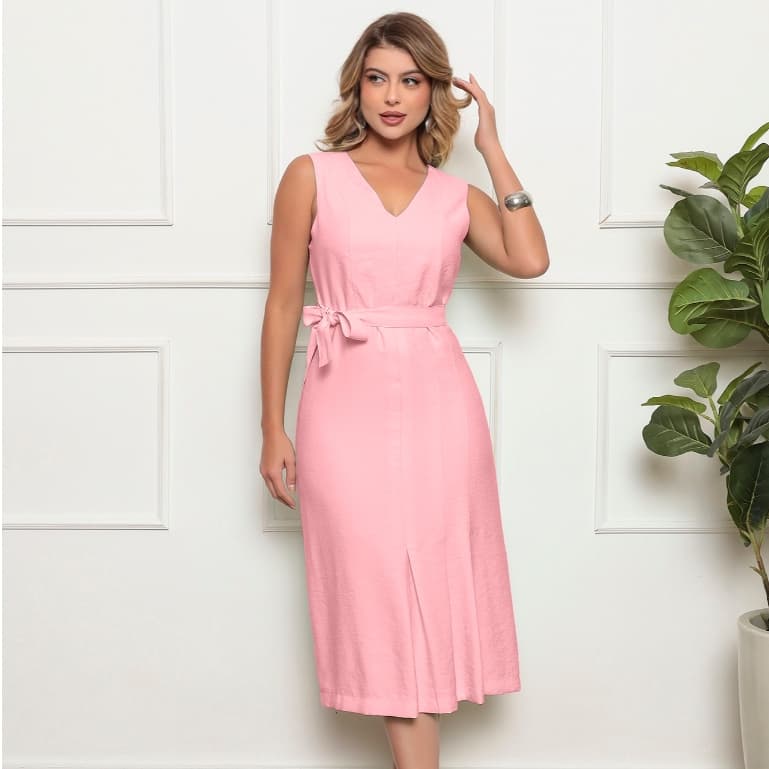ONLYONE- VESTIDO MIDI FEMININO ELEGANTE REGATA MARANTE DECOTE V CINTO FAIXA - VESTIDOS FEMININOS FESTA VERÃO