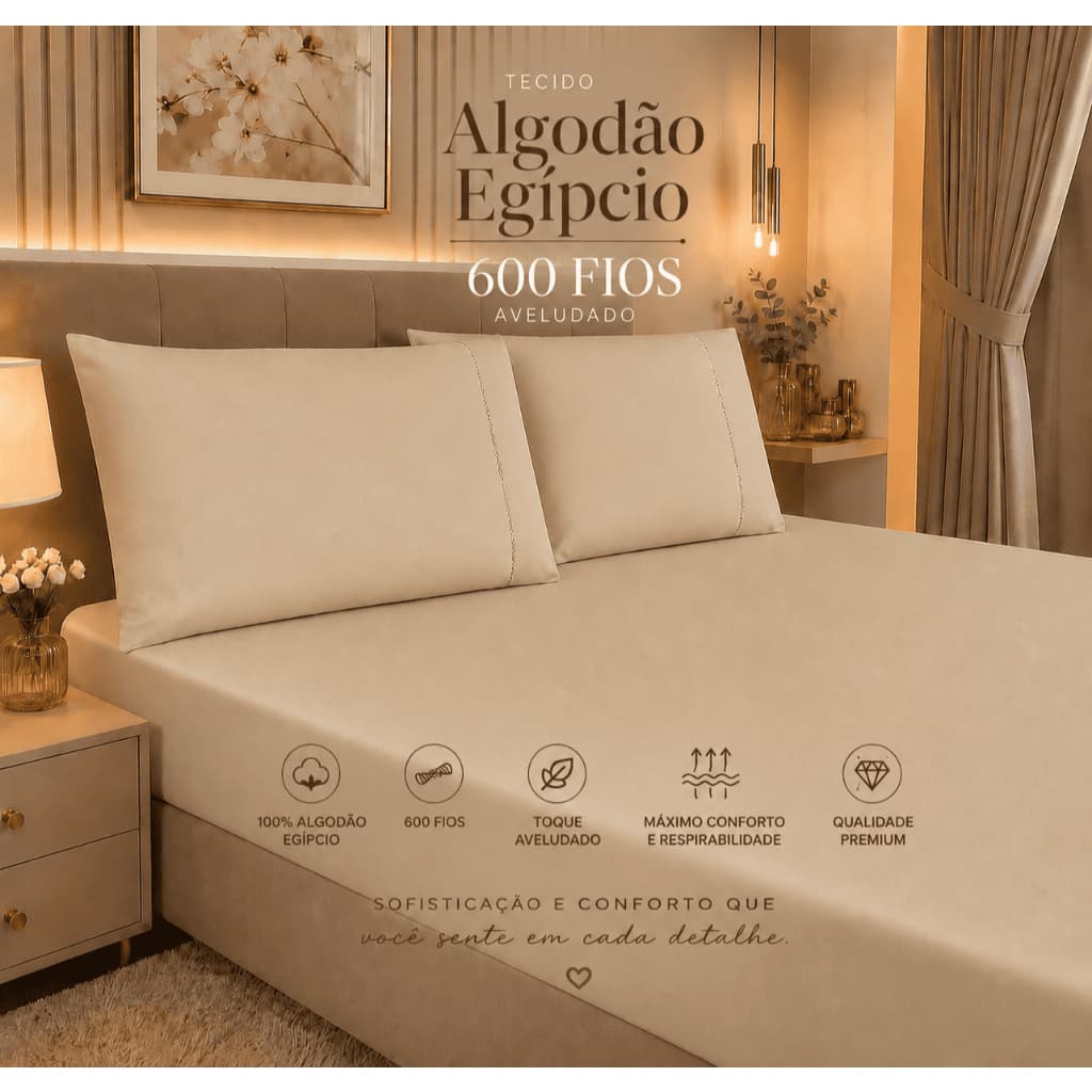 Jogo lençol 3 peças CASAL PADRÃO 138x188cm Ponto Palito - 600 fios Algodão Egípcio Qualidade