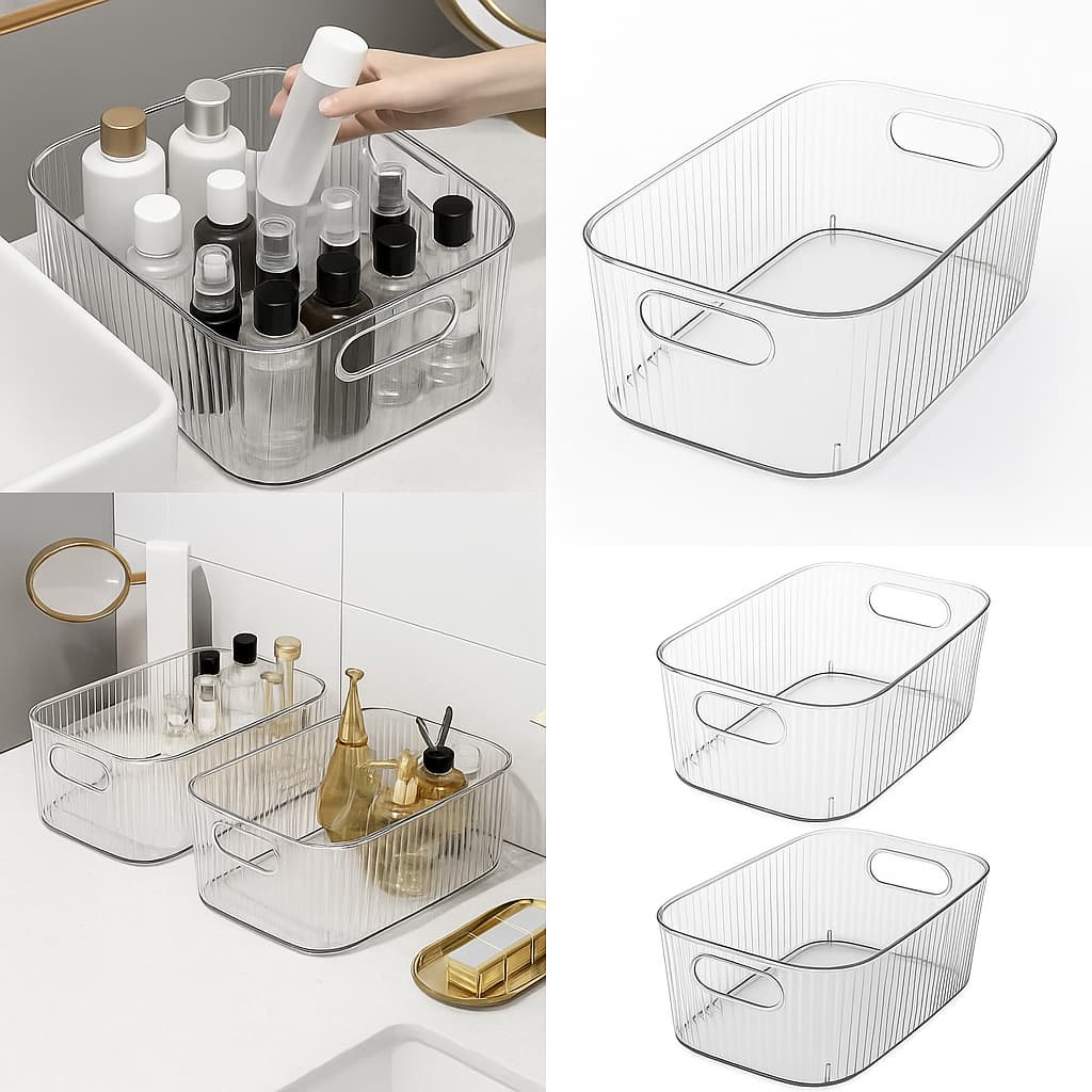 Kit Caixa de Armazenamento Decorativa Transparente Com Alça Organizador Banheiro Cozinha Multiuso
