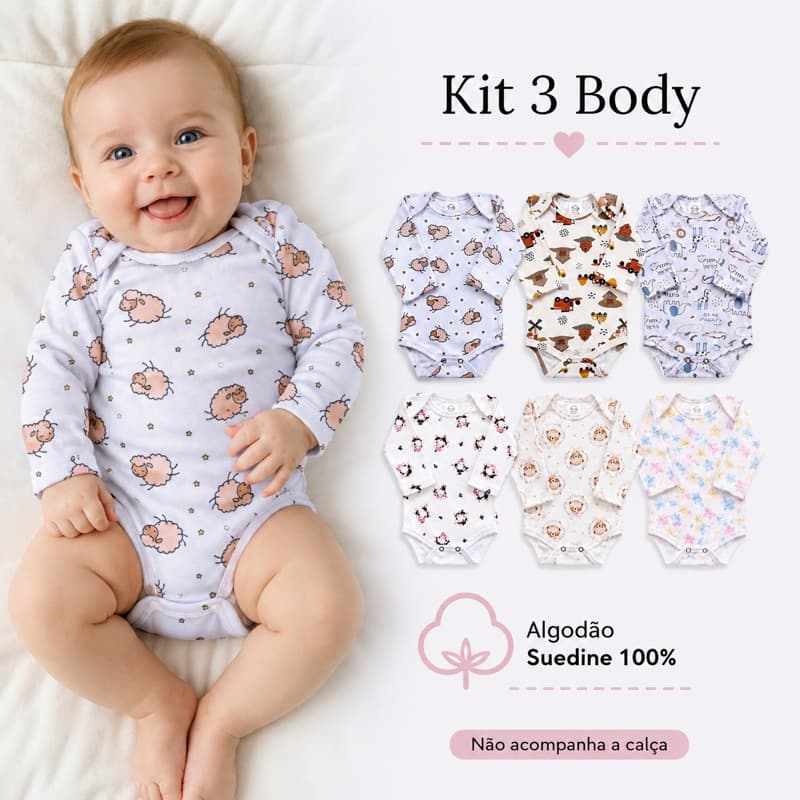 Kit 3 Body Bebê Manga Longa 100% Algodão Suedine | Body Infantil Estampado RN Prematuro ao G Maternidade Enxoval do Bebê