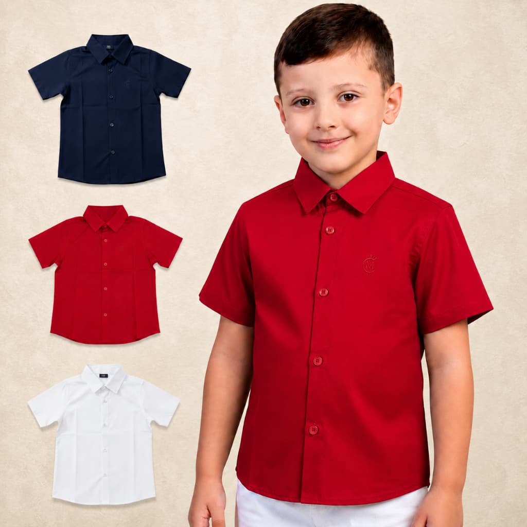 Camisa Social Slim Micro Fibra Elastano Masculina Infantil Manga Curta