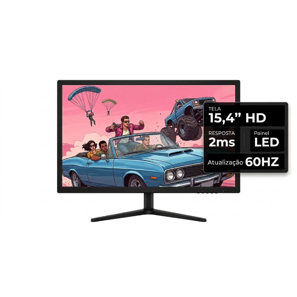 Monitor Gamer 15" HD 60hz Para Jogos Ultra 2ms HDMI e VGA Tela Premium