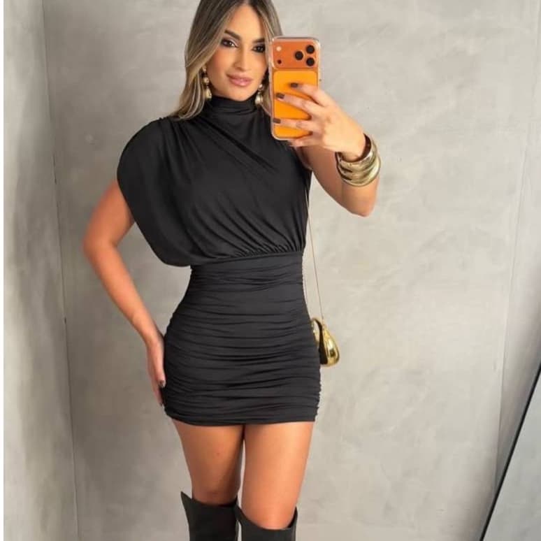 Vestido Feminino Curto Gola Alta Drapeado em Suplex Premium Moda Balada Gringa Paty Tubinho Festa Noite Tendencia Luxo
