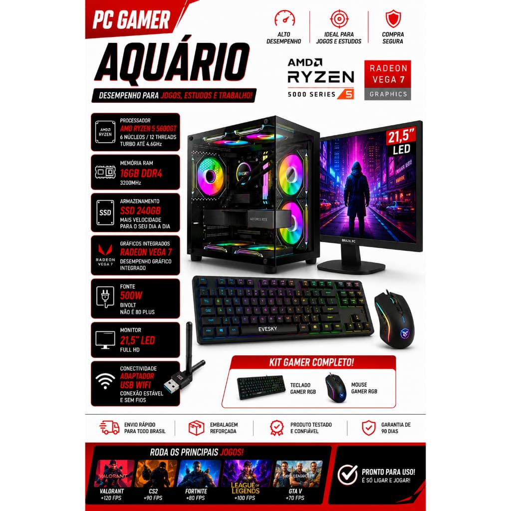PC GAMER AQUÁRIO AMD RYZEN 5 5600GT - 16GB DDR4 - SSD 240GB - RADEON VEGA 7 - MONITOR 21,5' - KIT GAMER RGB