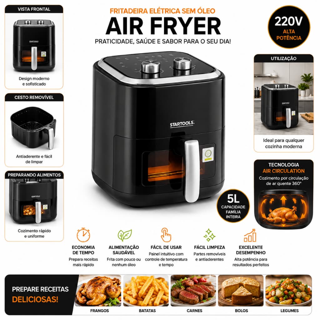 Air Fryer Fritadeira Elétrica 5 Litros Sem Óleo 220V Preta antiaderente, saudável, fritadeira, cozinha, crocante