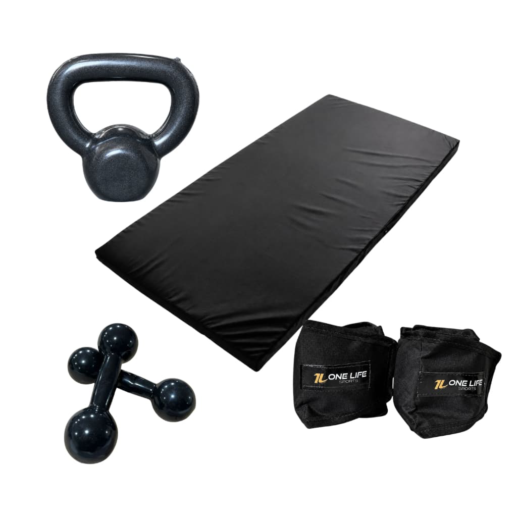 Kit Aeróbico em Casa Tornozeleira 1kg Par Halter 1kg Kettlebell 4kg Colchonete Treino Funcional