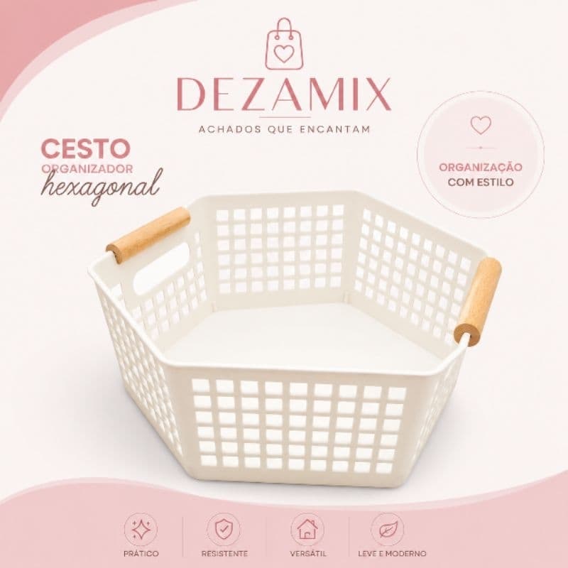 Cesto Organizador Hexagonal com Alças em Madeira | Organizador Multiuso para Banheiro, Cozinha, Quarto e Escritório
