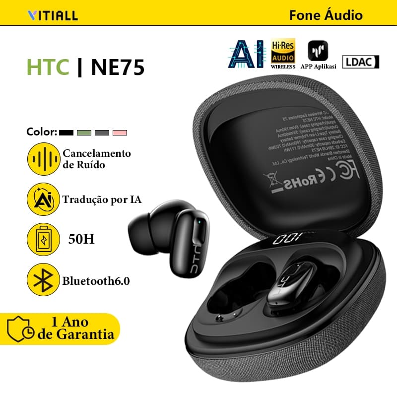 HTC NE75 Fones de ouvido sem fio Bluetooth 6.0 com tradução por IA, Smart Tws fone sem fio bluetooth Sports ming