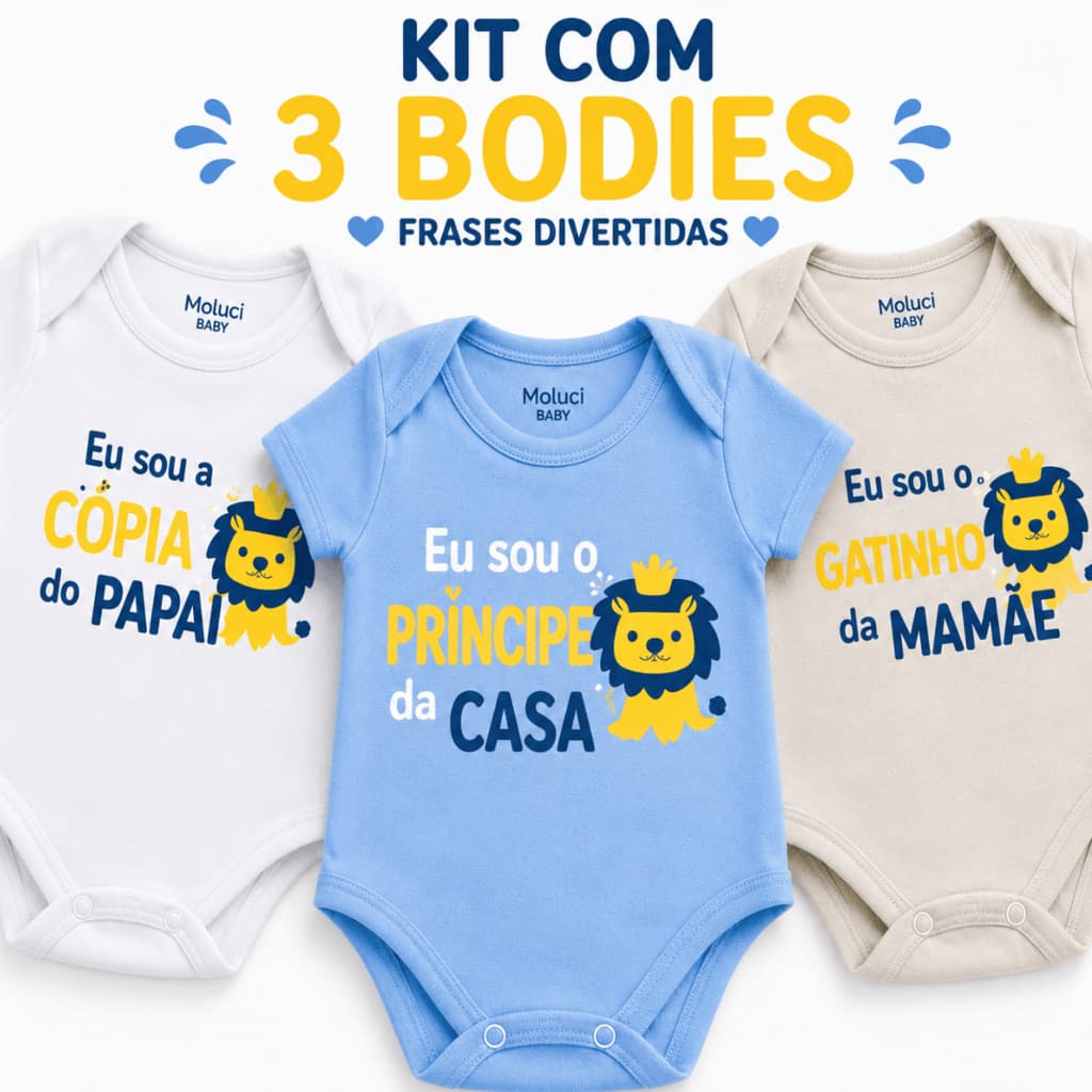 Kit Body Bebê Menino 3 Peças 100% Algodão Frases Divertidas Temático Verão Roupa Bebê Enxoval  P M G