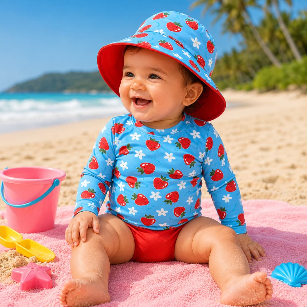 Kit 3 Peças  Moda Praia Bebê e Infantil Menina: Blusa UV50 + Tapa Fralda + Chapéu | Proteção Solar