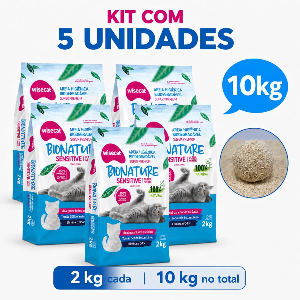 Kit 5 Areia Sanitária De Mandioca 2kg Grãos Finos Para Gatos Biodegradável Wisecat - 10kg