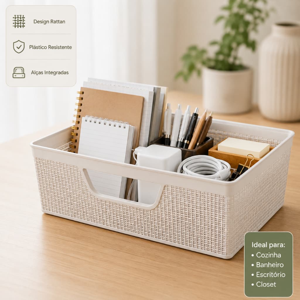 Organizador Multiuso Rattan Cesto Organizador com Alças Plástico Resistente para Casa Cozinha Closet
