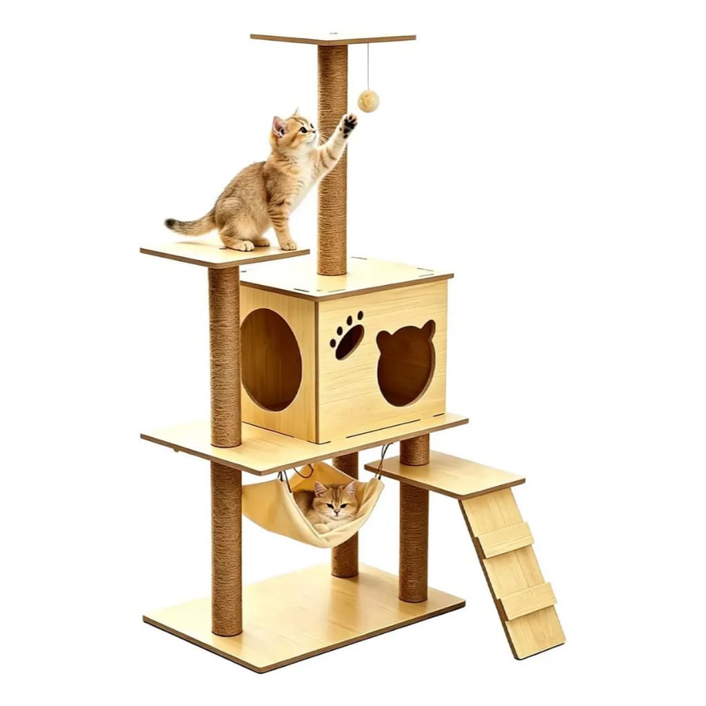 Arranhador Torre para Gatos Casa Alta com Rede, Múltiplas Plataformas, Casinha e Escada Poste de Sisal