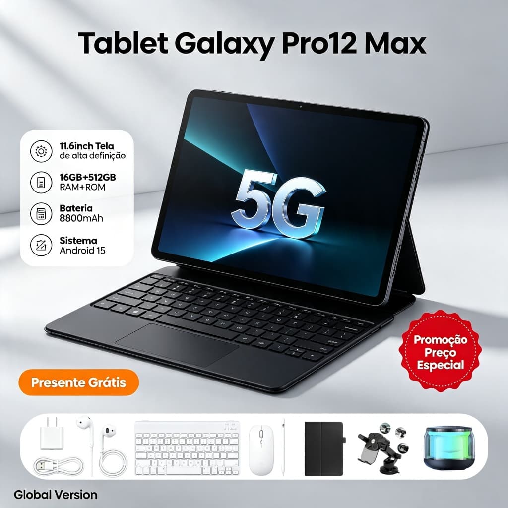 【Teclado e mouse grátis】Tablet Galaxy Pro12 Max 11,6 polegadas HD 16 GB + 512 GB 8800 mAh Android 5G Bluetooth Wi-Fi