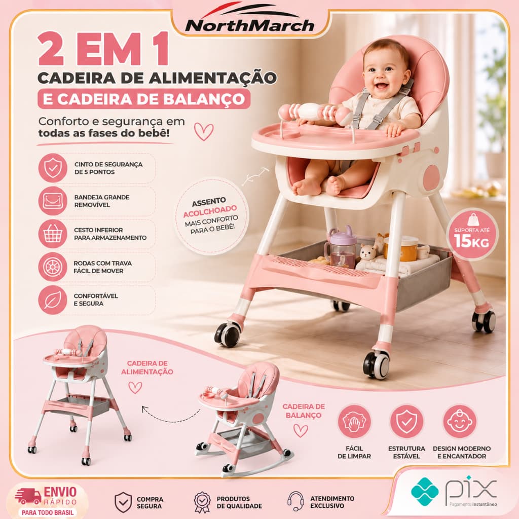 Cadeira de Alimentação Portátil 2 em 1 com Rodas para Bebê - Regulável e Removível