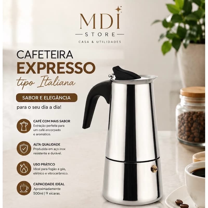 Cafeteira Expresso tipo Italiana Inox 9 xícaras Chá/Café - Preparo rápido e com sabor