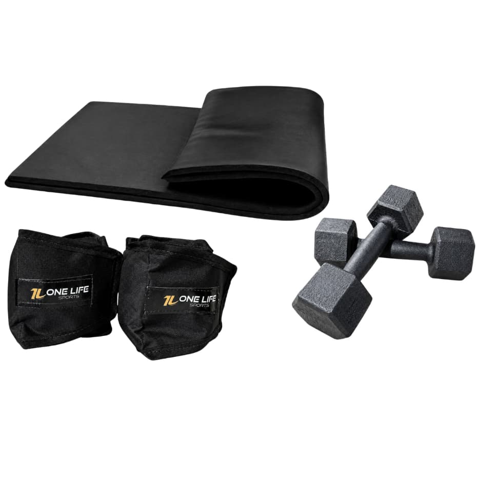 Kit Treino em Casa Halter Sextavado 5kg Caneleira 4kg Colchonete Fisioterapia Fortalecimento