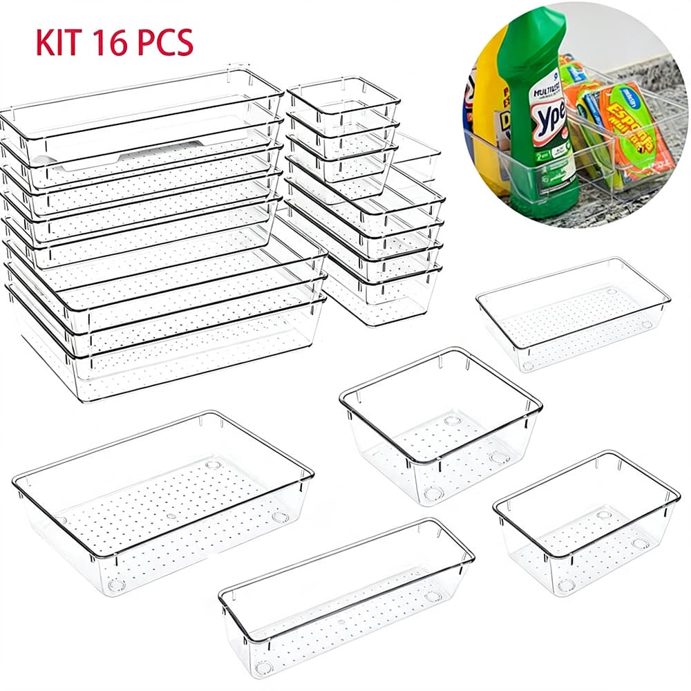 Kit 16 Organizadores Multiuso Para Geladeira, Cozinha E Despensa Em Transparente -R3