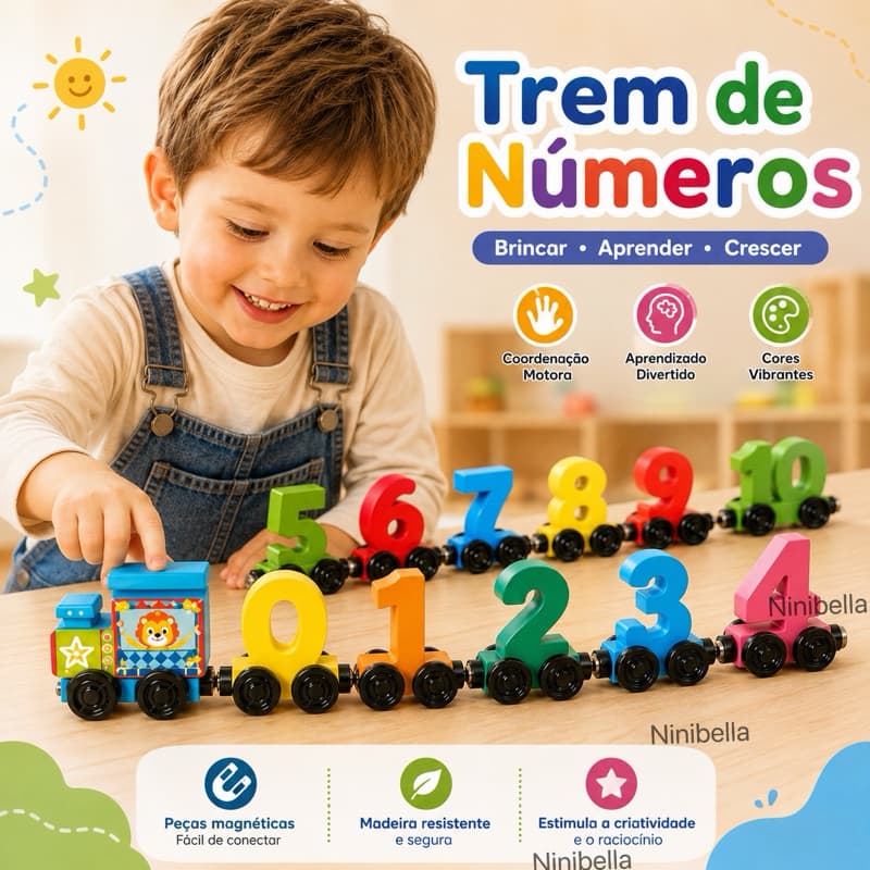Trem de Números Magnético Infantil 0 a 10 – Brinquedo Educativo de Madeira Para Aprender e Brincar