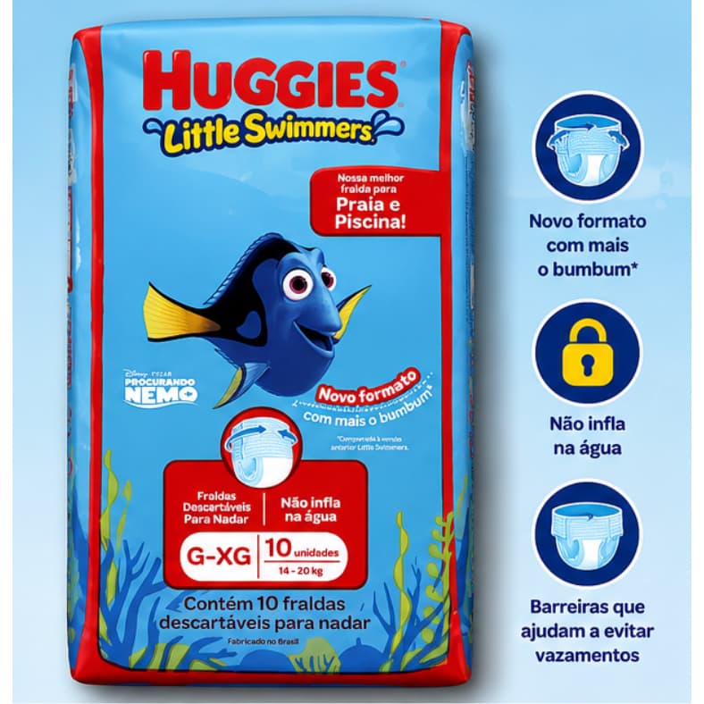 Fralda Huggies Little Swimmers G-XG 10 Unidades Piscina Praia Natação Infantil Descartável Aquática Conforto Proteção UV