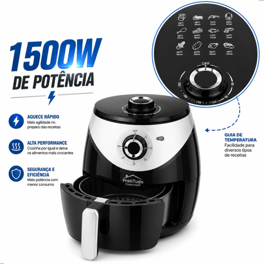 Fritadeira Air Fryer Elétrica Sem Óleo 3,8 Litros 1500w 127v Preta Pratitudo Essencial Timer 30min Cesto Antiaderente