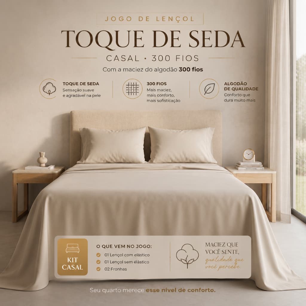 Jogo de Lençol Casal 4 Peças Toque de Seda 300 Fios Maciez do Algodão Premium