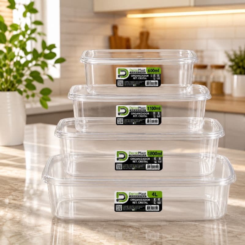 Kit 4 Potes Organizadores Plásticos Retangulares 600ml 1100ml 1800ml 4L com Tampa Cozinha Mantimentos multiuso