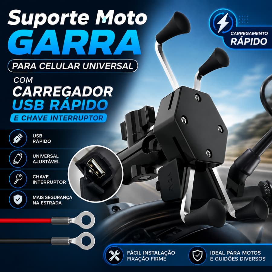 Suporte Moto  Garra Para Celular Universal Com Carregador Usb Rapido e chave interruptor