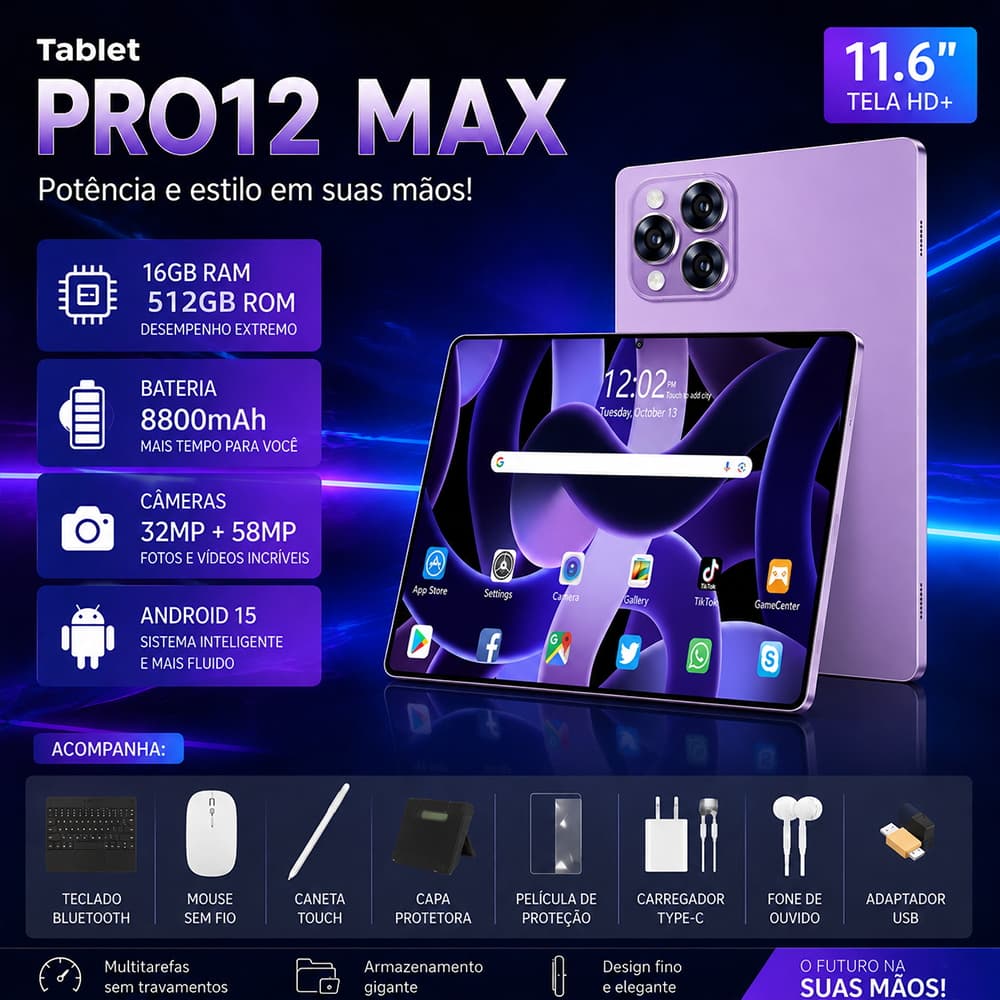 Tablet Galaxy  Pro12 Max |16GB + 512GB | Android 15 | 11.6" HD screen | 5G | Snapdragon 888 with Free Keyboard and Mouse