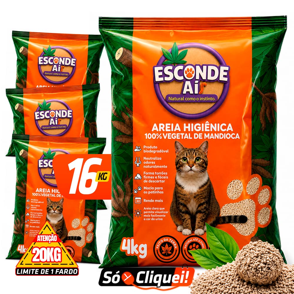 Kit 4 Pacotes Areia Sanitária de Mandioca Biodegradável Esconde Aí Granulado Premium Alta Absorção Torrões Firmes