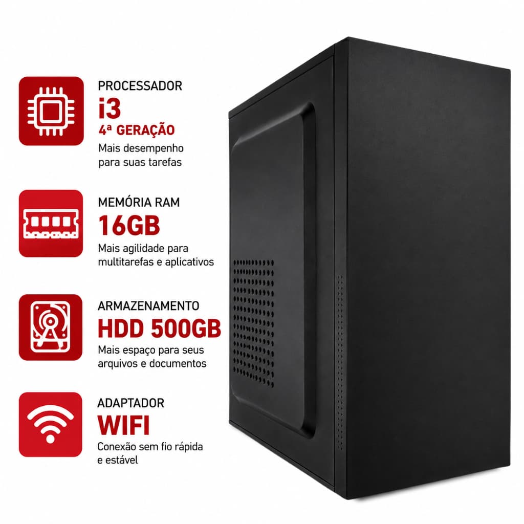 Desktop Intel i3 De 4ª Geração 16gb Ram Ddr3 Hd 500gb Computador Torre Com Wifi e Cabo De Energia
