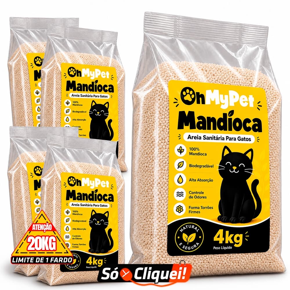 Kit 5 Pacotes Areia Sanitária de Gato OhMyPet 20KG Mandioca Granulado Biodegradável Evita Odores Forma Torrão Firme