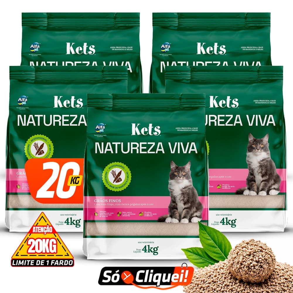Kit 5 Pacotes Areia Sanitária Biodegradável Kets Natureza Viva Granulado de Mandioca e Milho Forma Torrões Firmes Evita