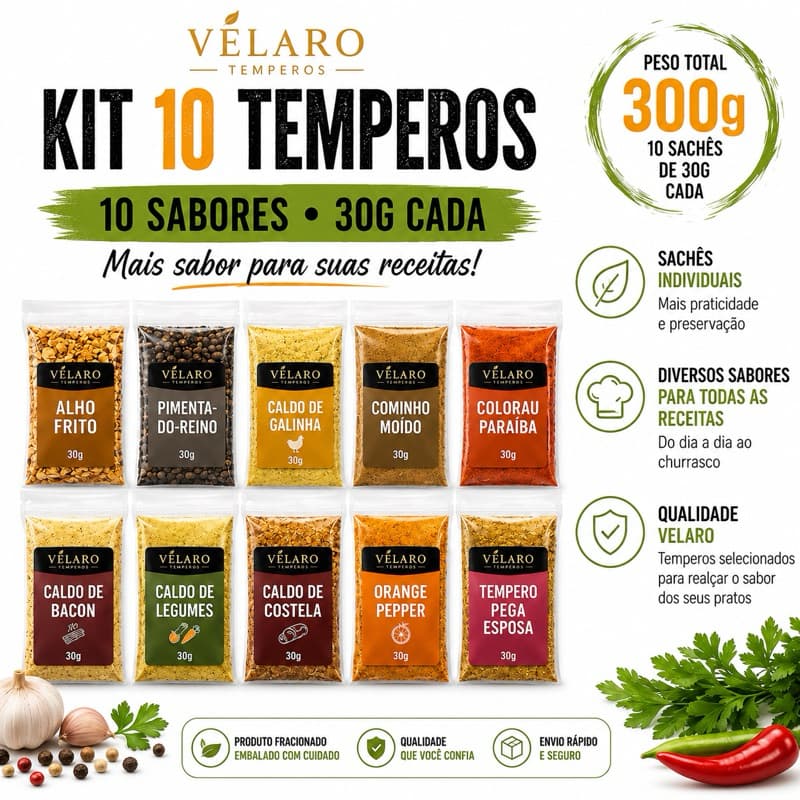 Kit 10 Temperos 30g Cada | Alho, Pimenta, Caldos, Cominho, Colorau e Especiarias | 300g Velaro
