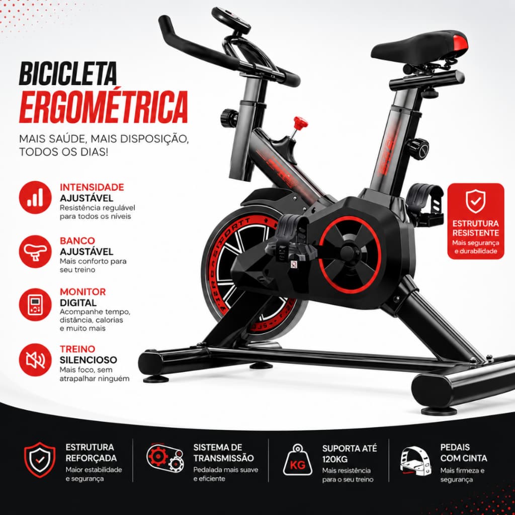 Bicicleta Ergométrica Academia Fitness Profissional 120kg - Estrutura Reforçada, Sistema Silencioso, Regulagem Ajustável