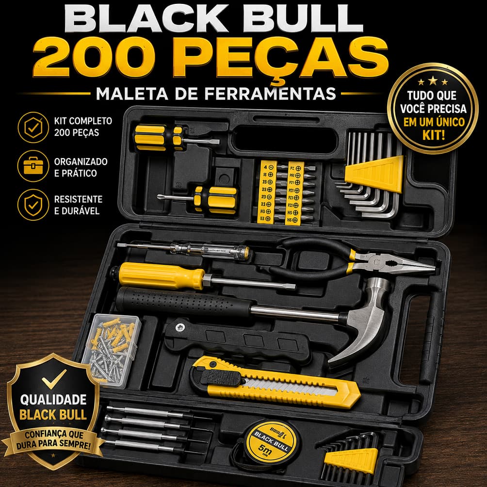 Maleta de Ferramentas Black Bull 200 Peças Kit Completo para Reparos
