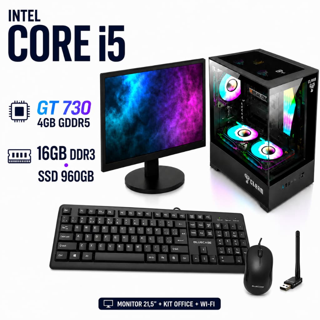 Desktop Gamer Core i5 2ª/3ª 16GB DDR3 SSD 960GB GT 730 4GB GDDR5 Monitor 21,5 Full HD Kit Office Wi-Fi