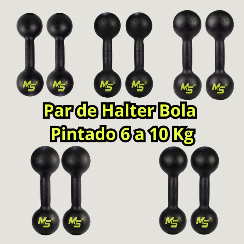 Par Halter Bola Pintado Premium - 6 a 10 Kg / Treino Musculação Peso de Academia C/ 2 Un